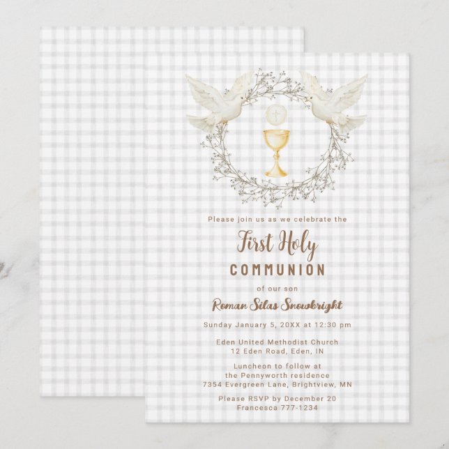 020 Fog Grey Dove & Chalice Gingham 1st Communion Invitation (Front/Back)