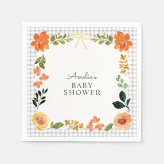020 Fog Grey Floral Gingham Baby Shower Napkin