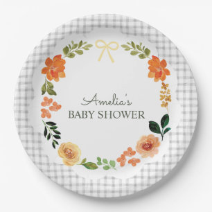 020 Fog Grey Floral Gingham Baby Shower Paper Plate