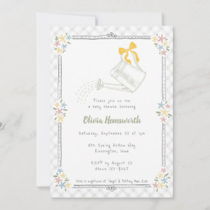020 Fog Grey Gingham Watering Can Baby Shower Invitation