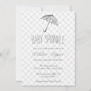 020 Fog Grey Modern Umbrella Gingham Baby Sprinkle Invitation