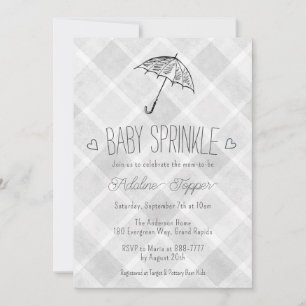 020 Fog Grey Plaid Umbrella Baby Sprinkle Shower Invitation