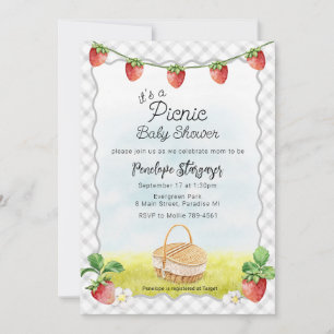 020 Fog Grey Strawberry Picnic Baby Shower Invitation