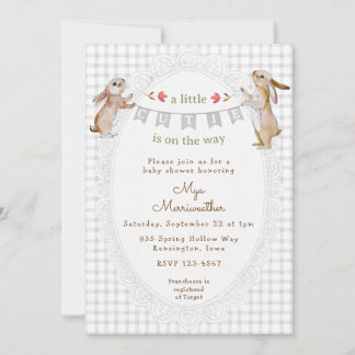 020 Fog Grey Sweet Bunny Gingham Baby Shower Invitation