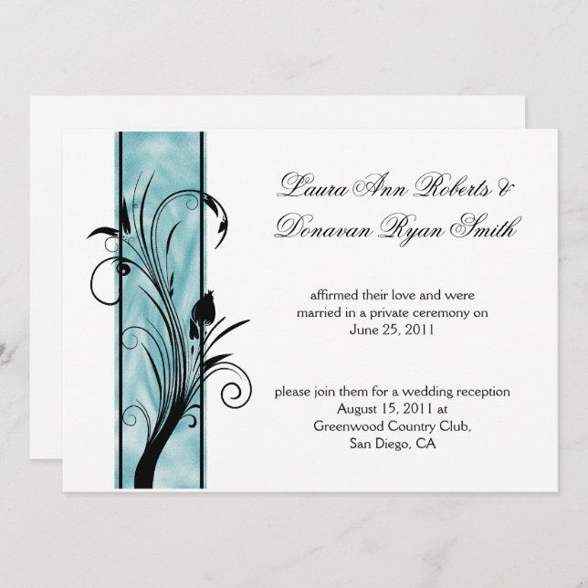 02 Black Floral Swirls Teal Stripe Post Wedding Invitation (Front/Back)