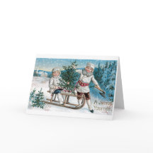 030 Vintage Christmas Card Children Sled Tree Snow