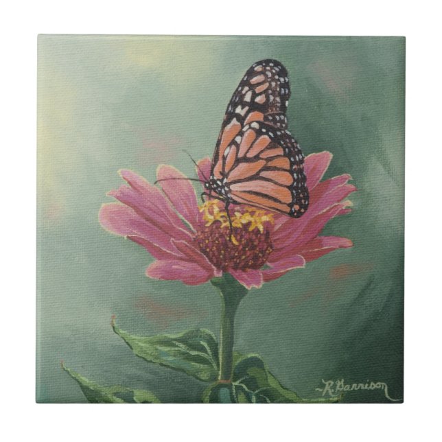 0465 Monarch Butterfly on Zinnia Ceramic Tile (Front)