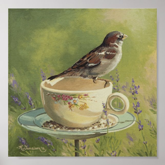 0470 Sparrow on Teacup Art Print (Front)