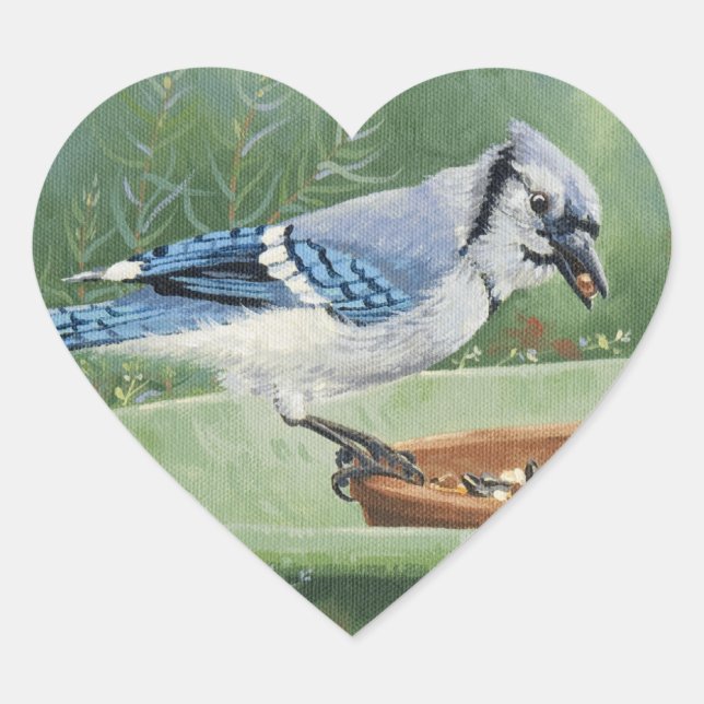 0481 Blue Jay at Feeder Heart Sticker (Front)