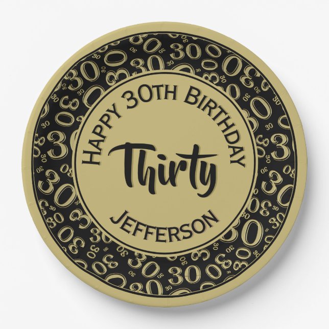 0th Random Number Pattern Black/Gold Paper Plate (Front)