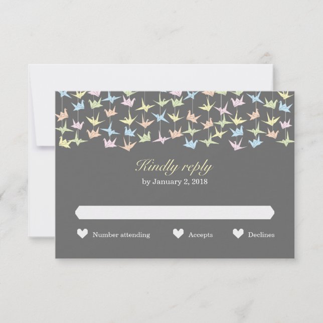 1000 Hanging Origami Paper Cranes Wedding (Grey) RSVP Card (Front)