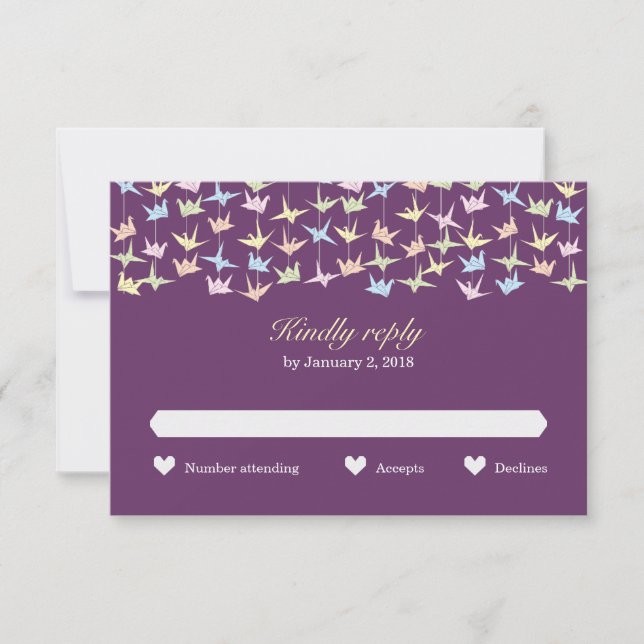 1000 Hanging Origami Paper Cranes Wedding (Purple) RSVP Card (Front)