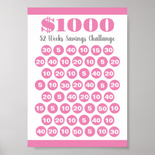 1000 Savings Challenge Pink 52 Weeks Printable Poster