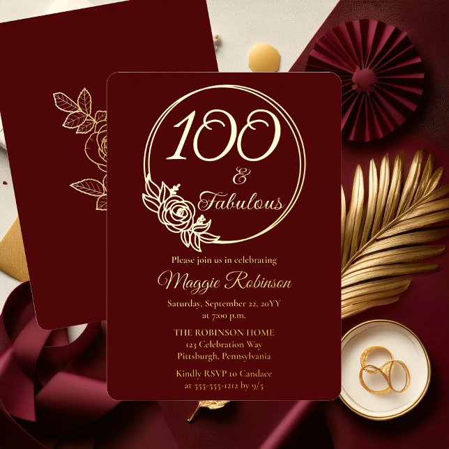 100 and Fabulous 100th Birthday Party Stamped (Elegant Rose Wreath 100 and Fabulous 100th Birthday Party Burgundy Stamped Gold Foil Invitation )