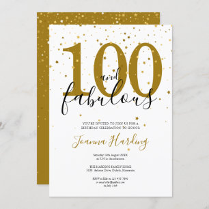 100 and Fabulous Elegant Gold and Black Birthday Invitation
