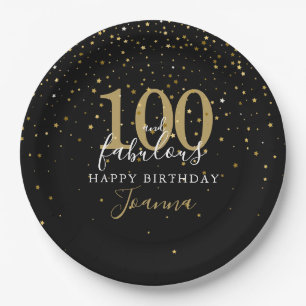100 and Fabulous Gold Black Birthday Party Paper Plate