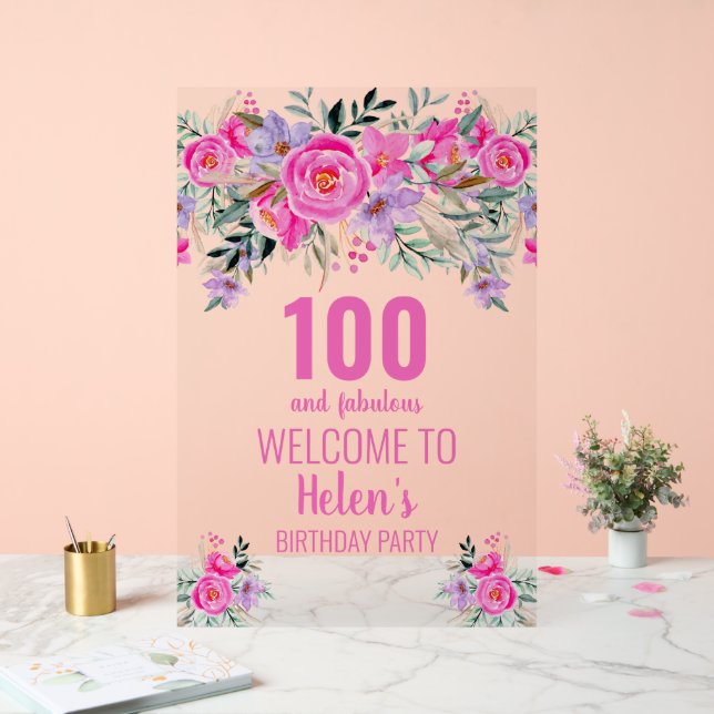 100 and fabulous pink elegant birthday party  acrylic sign (Wedding)