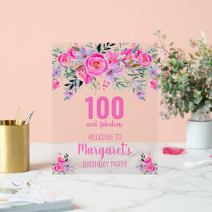 100 and fabulous pink floral welcome acrylic sign