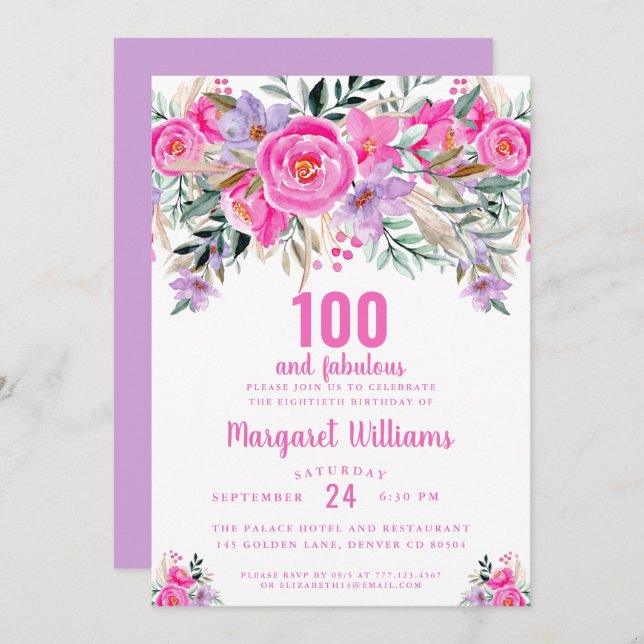 100 and fabulous purple pink 100th birthday  invitation (Front/Back)