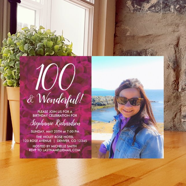 100 and Wonderful Red Rose Photo Birthday Party Invitation (Creator Uploaded)