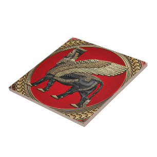 [100] Assyrian Winged Bull: Gold and Black Lamassu Ceramic Tile