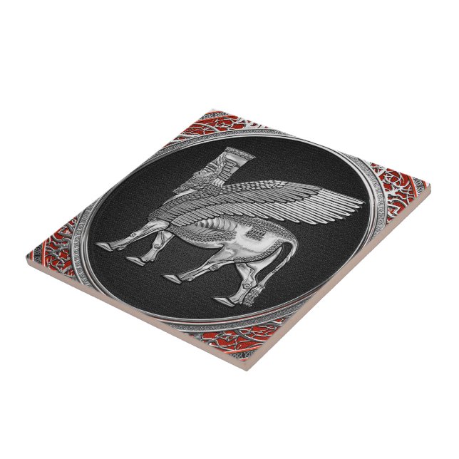 [100] Assyrian Winged Bull - Silver Lamassu Ceramic Tile (Side)