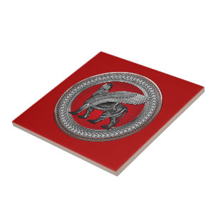 [100] Assyrian Winged Lion: Gold & Black Lamassu Ceramic Tile