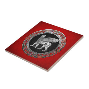 [100] Assyrian Winged Lion - Silver Lamassu Ceramic Tile