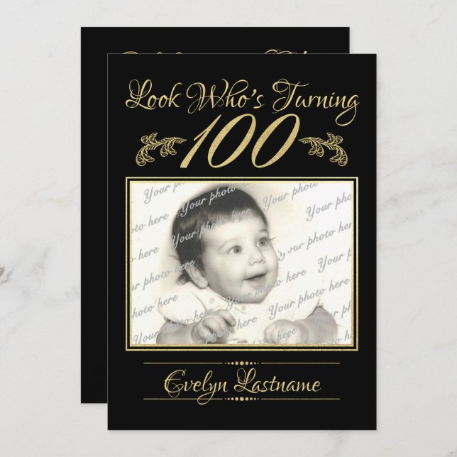 100 Birthday Elegant Photo Gold and Black Invitation (Front/Back)