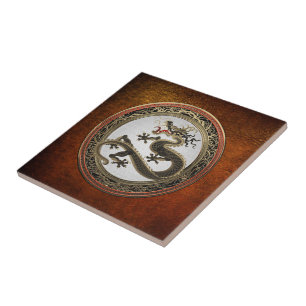 [100] Black and Gold Sacred Eastern Dragon Ceramic Tile