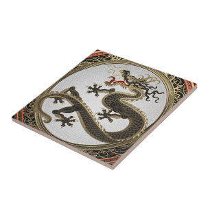 [100] Black and Gold Sacred Eastern Dragon Ceramic Tile