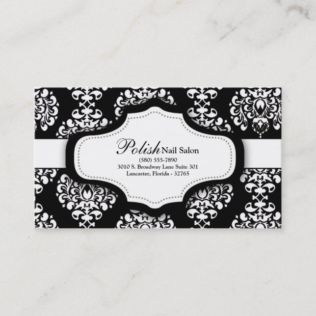 100 Black Damask Nail Technician Business Card (Front)