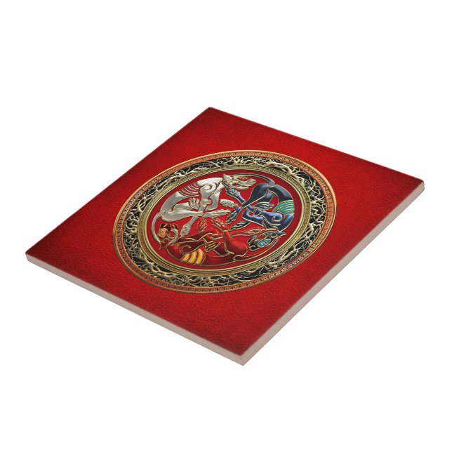 [100] Celtic Treasures - Three Dogs on Gold Ceramic Tile (Side)
