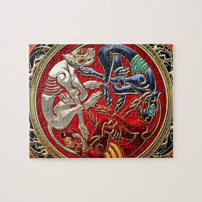 [100] Celtic Treasures - Three Dogs on Gold Jigsaw Puzzle (Horizontal)