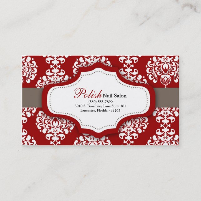 100 Crims Red Damask Nail Technician Business Card (Front)
