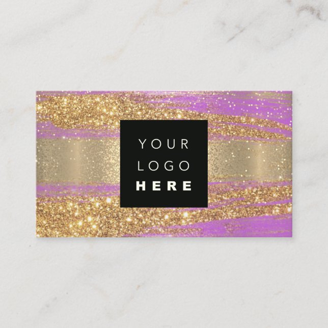 100 Custom Logo QRCODE Gold Glitter Strokes Pink Business Card (Front)