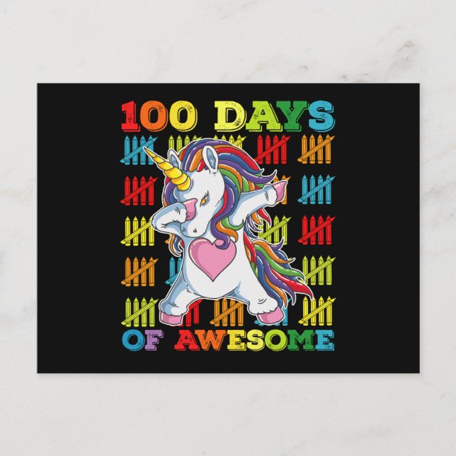 100 Days Of Awesome Unicorn 100th Day Of School Postcard (Front)