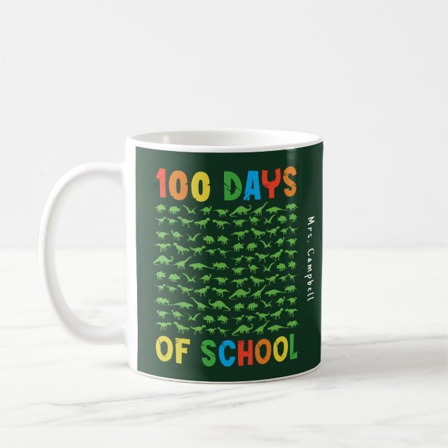 100 Days of School 100 Green Dinosaurs Teacher Coffee Mug (Left)