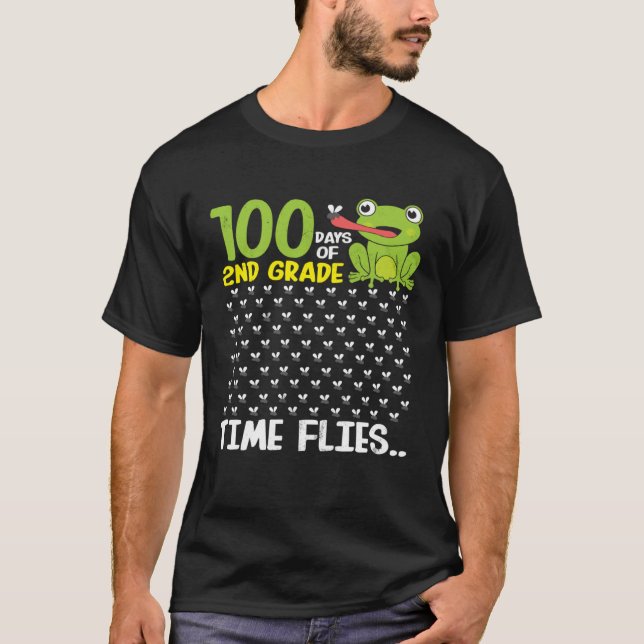 100 Days of School 2nd Grade Frog Time Flies Boys  T-Shirt (Front)