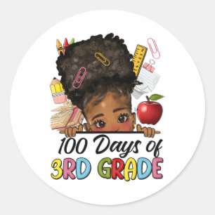 100 Days Of School 3rd Grade Afro Girl Messy Bun H Classic Round Sticker