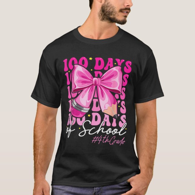 100 Days Of School 4th Grade Girls Coquette Bow  T-Shirt (Front)
