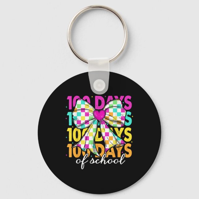 100 Days Of School Chequered Bow Teacher 100th Day Key Ring (Front)
