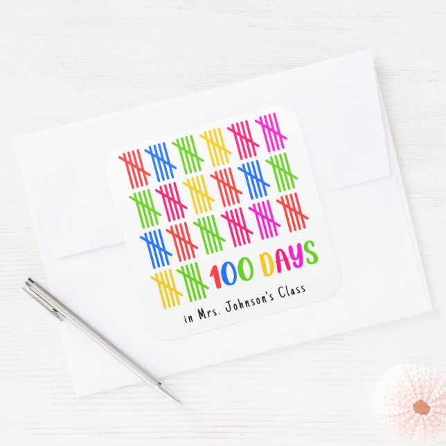 100 Days of School Colourful Tally Mark Square Sticker (Envelope)