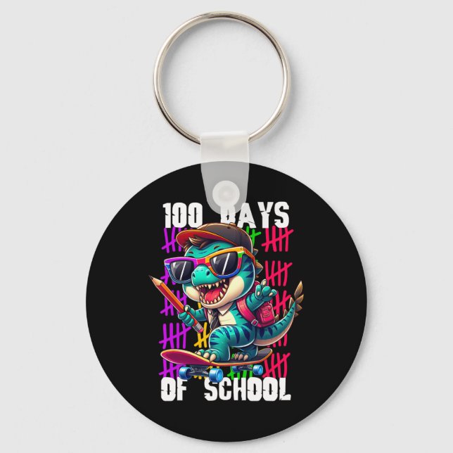 100 Days Of School Cool Dinosaur Skateboarding  Key Ring (Front)