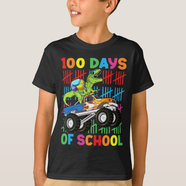 100 Days Of School Dinosaur Monster Truck Kids T-Shirt (Front)