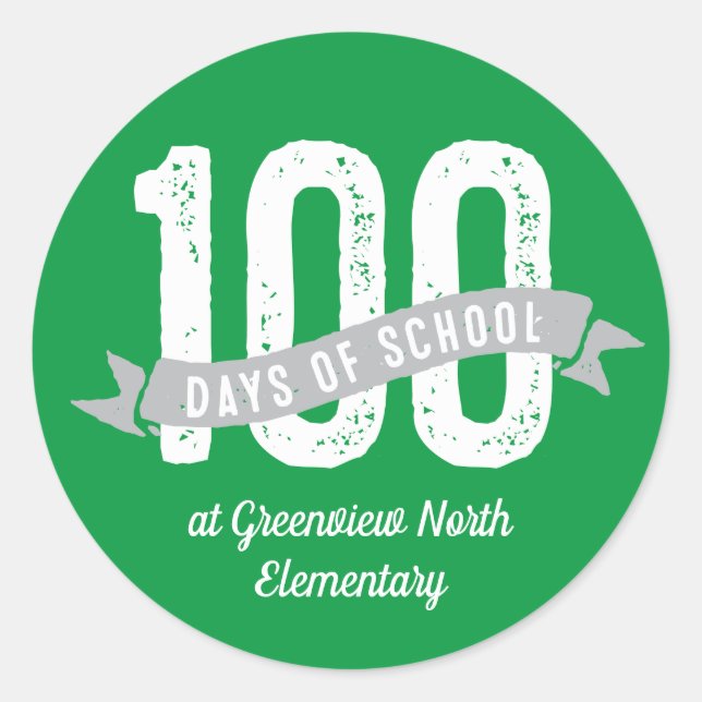 100 days of school fun customised green white classic round sticker (Front)