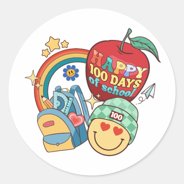 100 Days of School Happy Retro Groovy Classic Round Sticker (Front)