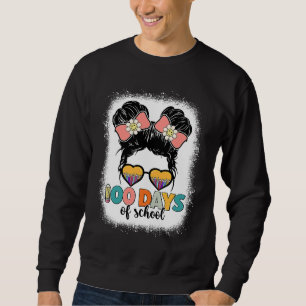 100 Days Of School Messy Bun Leopard Bleached Sweatshirt