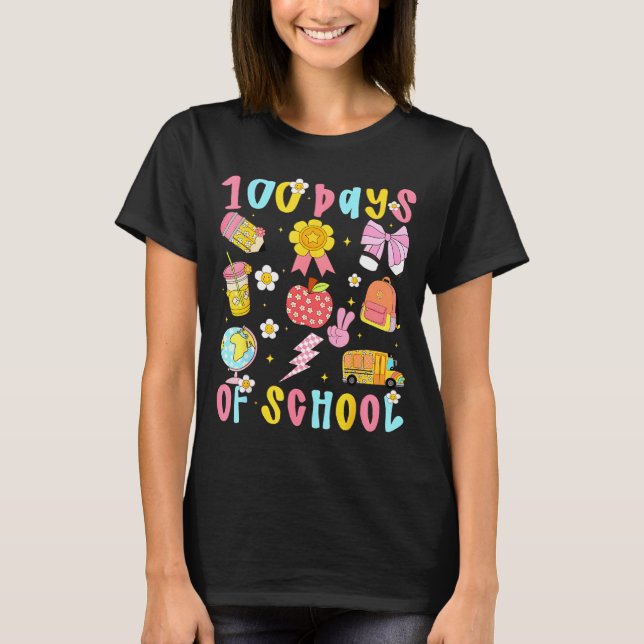 100 Days Of School Rainbow Bow Book Teacher Girl W T-Shirt (Front)