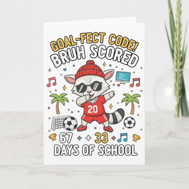 100 Days Of School Soccer Coding Racoon Dabbing D Card (Front)